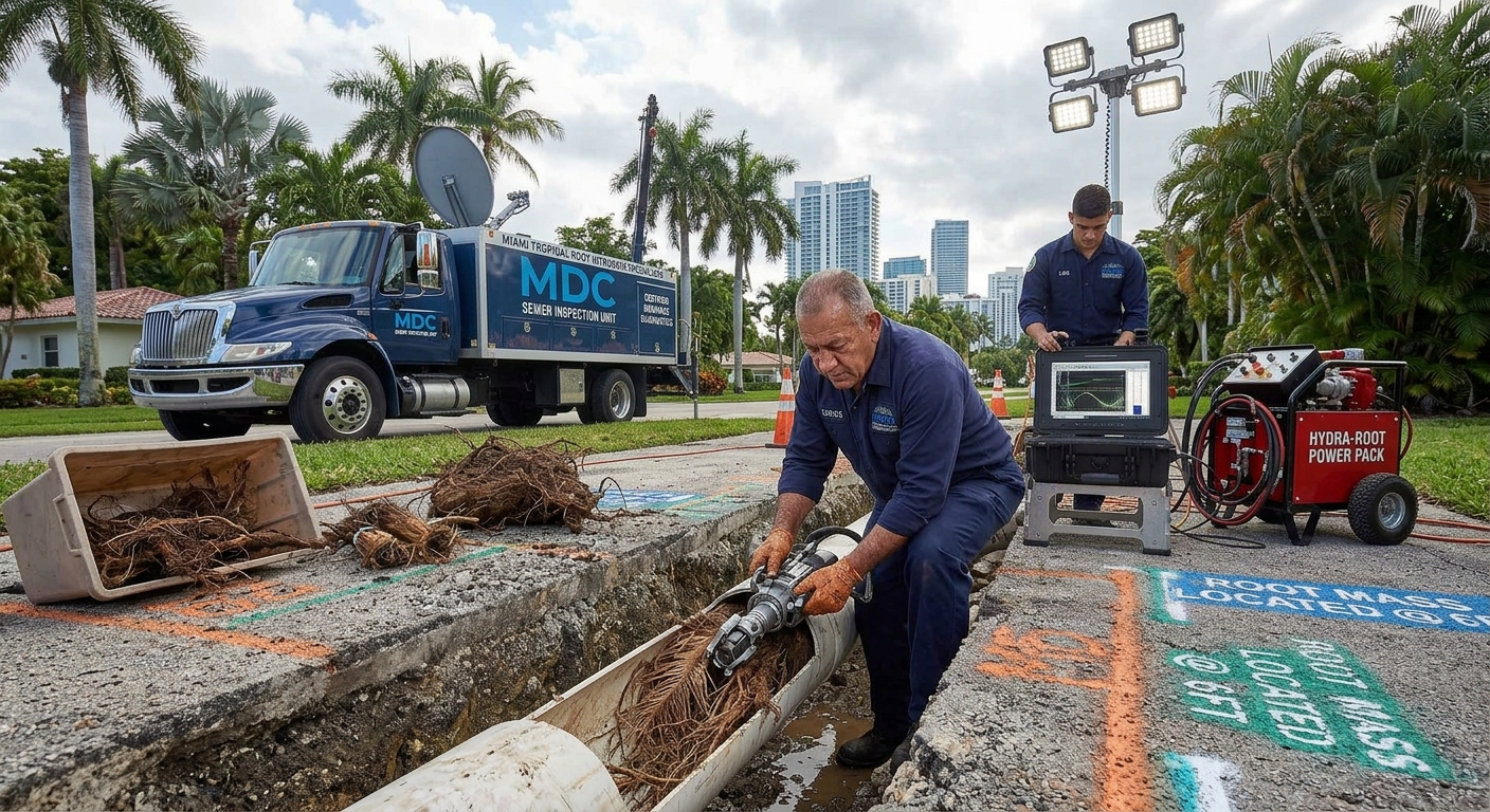 Tree root intrusion sewer line repair miami