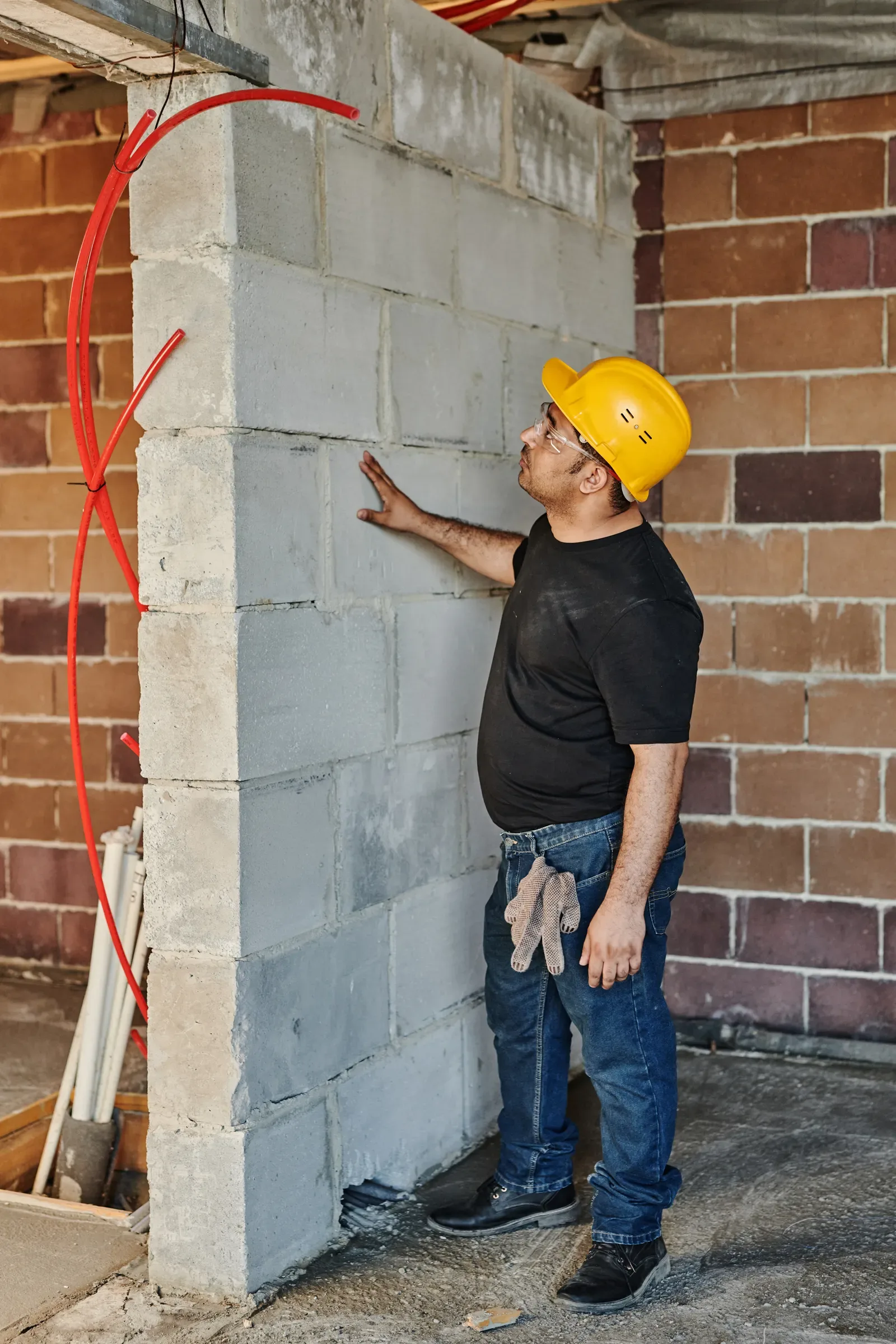 Worker inspecting a wall where plumbing pipes run looking for hidden water leaks in a Miami home